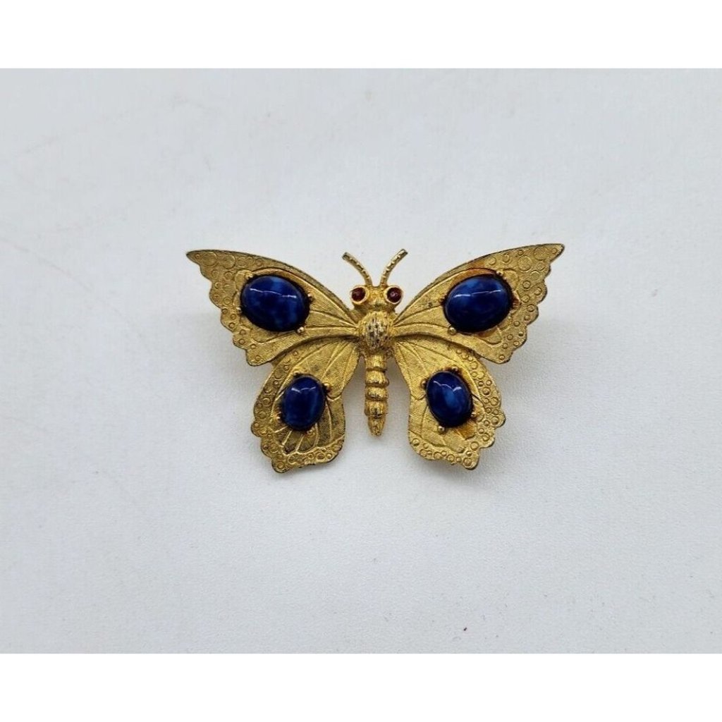Vtg Miriam Haskell Butterfly Brooch Pin Gold Toned Etched Blue Stones Red Eyes